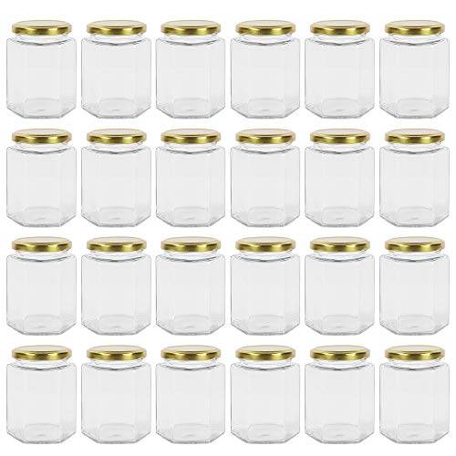 Yishik 24 Stück Marmeladengläser mit goldfarbenem Deckel, 270 ml sechseckige Glasdosen für Babynahrung, Nüsse, Gewürze oder handgefertigte Desserts
