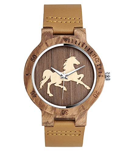 SUPBRO Holzuhren Herren Holzuhr Holz-Armbanduhr Klassik Analoge Quarzwerk Uhren Armband Pferd