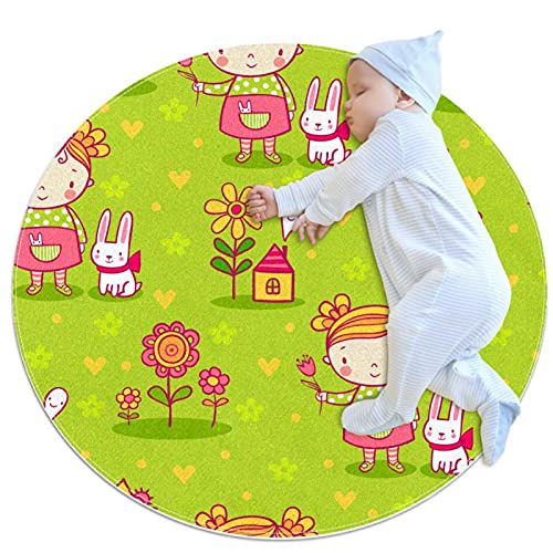 Kinder Krabbelmatte Grüne süße Karikatur Runde weiche moderne Teppiche für rutschfeste Böden für Raumdekorationen 100x100cm