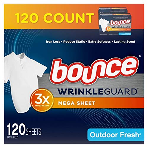 Bounce WrinkleGuard Mega Trocknerblätter, Weichspüler und Faltenlöser, frischer Duft, 1 Box (120 Stück)