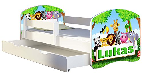 Kinderbett Jugendbett mit einer Schublade und Matratze Weiß ACMA II 140 160 180 40 Design (160x80 cm + Bettkasten, 01 Zoo Name)