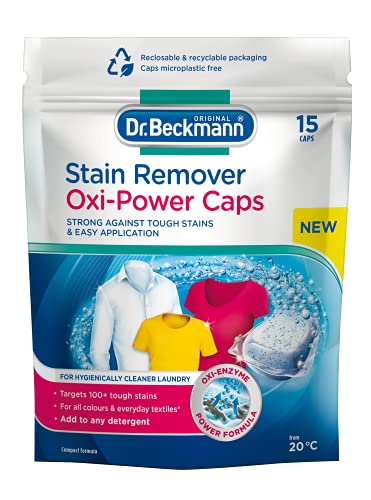 Dr. Beckmann Fleckenentferner Oxi Power Caps | Beseitigen Sie hartnäckige Flecken | Praktische, gebrauchsfertige Kappen | für Maschinenwäsche und Einweichen | 15 Kappen