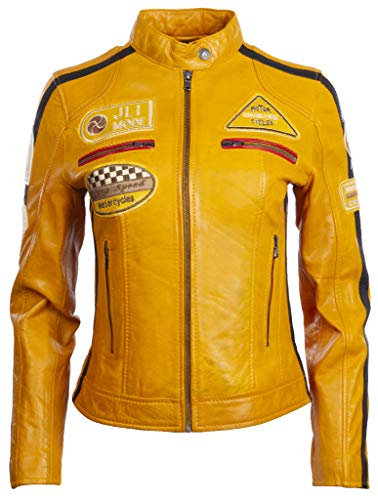 Aviatrix Damen Bikerjacke aus echtem Leder mit Bandkragen und Rennabzeichen (QOOC)