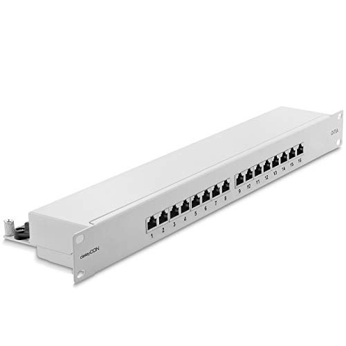 deleyCON CAT 6a Patchpanel Verteilerfeld 16 Port - Desktop 19 Zoll Rackeinbau Servermontage RJ45 Geschirmt - TIA568A TIA568B - Lichtgrau