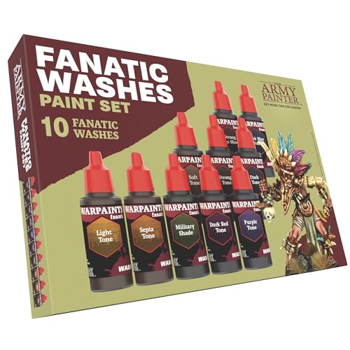 The Army Painter, Warpaints Fanatic Washes Set, Vollständiges Set von 10 Acrylfarben in 18 ml Tropfflaschen zum Waschen und Schattieren von Miniaturmodellen.