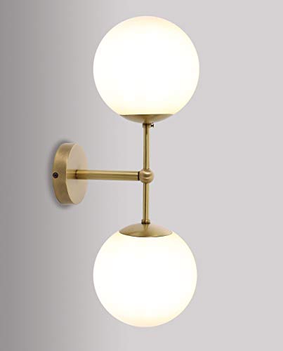 Licht-Erlebnisse Wandleuchte aus Echt-Messing 2-flammig Kugel Glas Premium Qualität 2xE14 H:50cm für Badezimmer Schlafzimmer Wandlampe Innen Beleuchtung Kugellampe