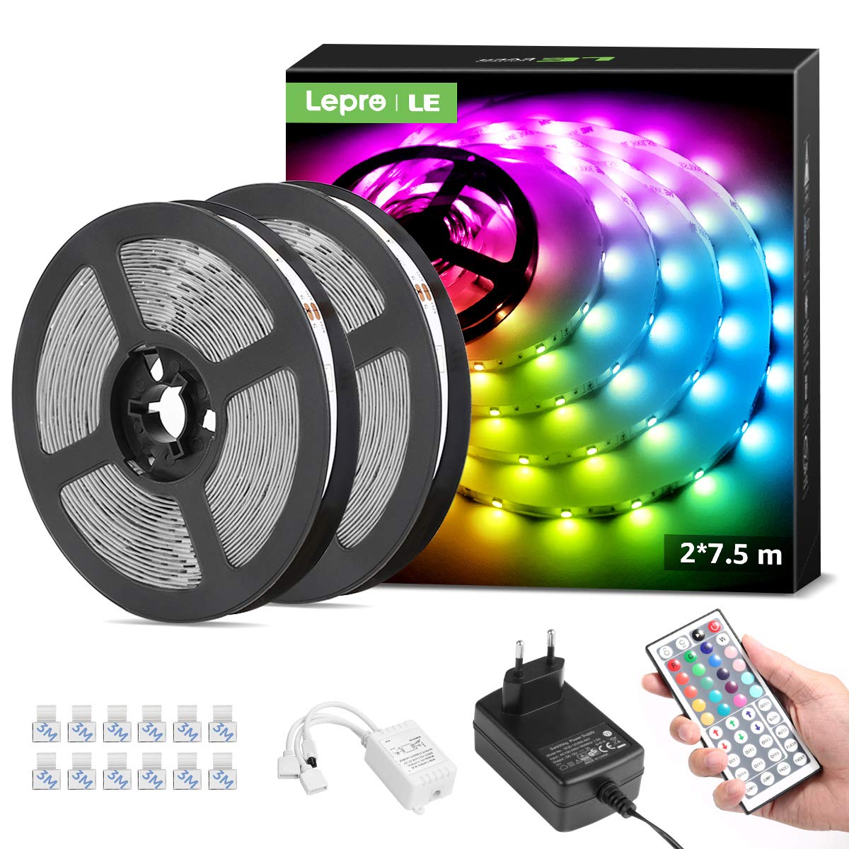 LE LED Strip 15M, LED Streifen, RGB Band, 5050 SMD 450 LEDs Stripes(2x7.5M), 12V, Selbstklebend Lichtband mit 44 Tasten Fernbedienung, Flexibel LED Leiste, LED Lichterkette für Weihnachten, Bar,TV