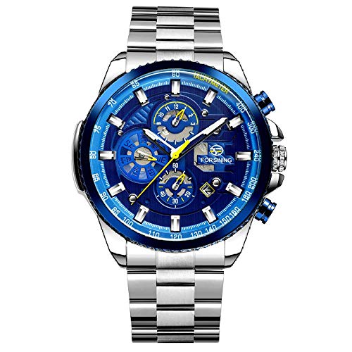 Armbanduhren,Blue Ocean Silver Edelstahl 3 Zifferblatt Kalender Herren Automatik Automatik Automatikuhr, Silberblau