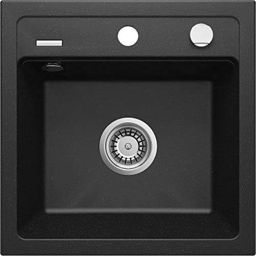 Homeline Küchenspüle Granitspüle inkl. Siphon Einbauspüle Spülbecken 44 x 18 x 44 cm (mit Ausziehbarer Armatur nur in schwarz, Schwarz)