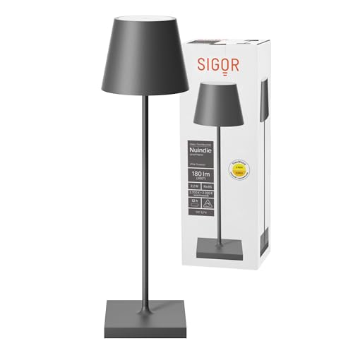 SIGOR Nuindie - Dimmbare LED Akku-Tischlampe Indoor & Outdoor, IP54 spritzwassergeschützt, Höhe 38 cm, aufladbar mit USB-C, 12 h Leuchtdauer, graphitgrau