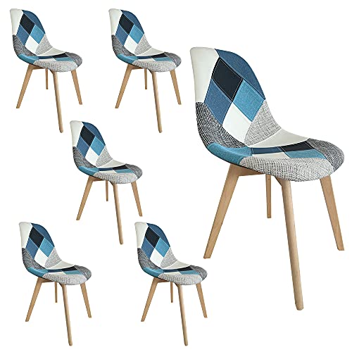 Gepolsterte Esszimmerstühle im Set mit 2, 4 oder 6 Stühlen mit Holzbeinen (blau, 6)