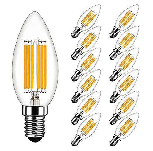 MAYCOLOR E14 Kerze LED Lampe 6W Ersetzt 60W, 600 lumen, Warmweiß 2700K, Filament Fadenlampe Ideal für Kronleuchter und Kristalllichter, AC 220-240V, Nicht Dimmbar, Glas, 12er Pack