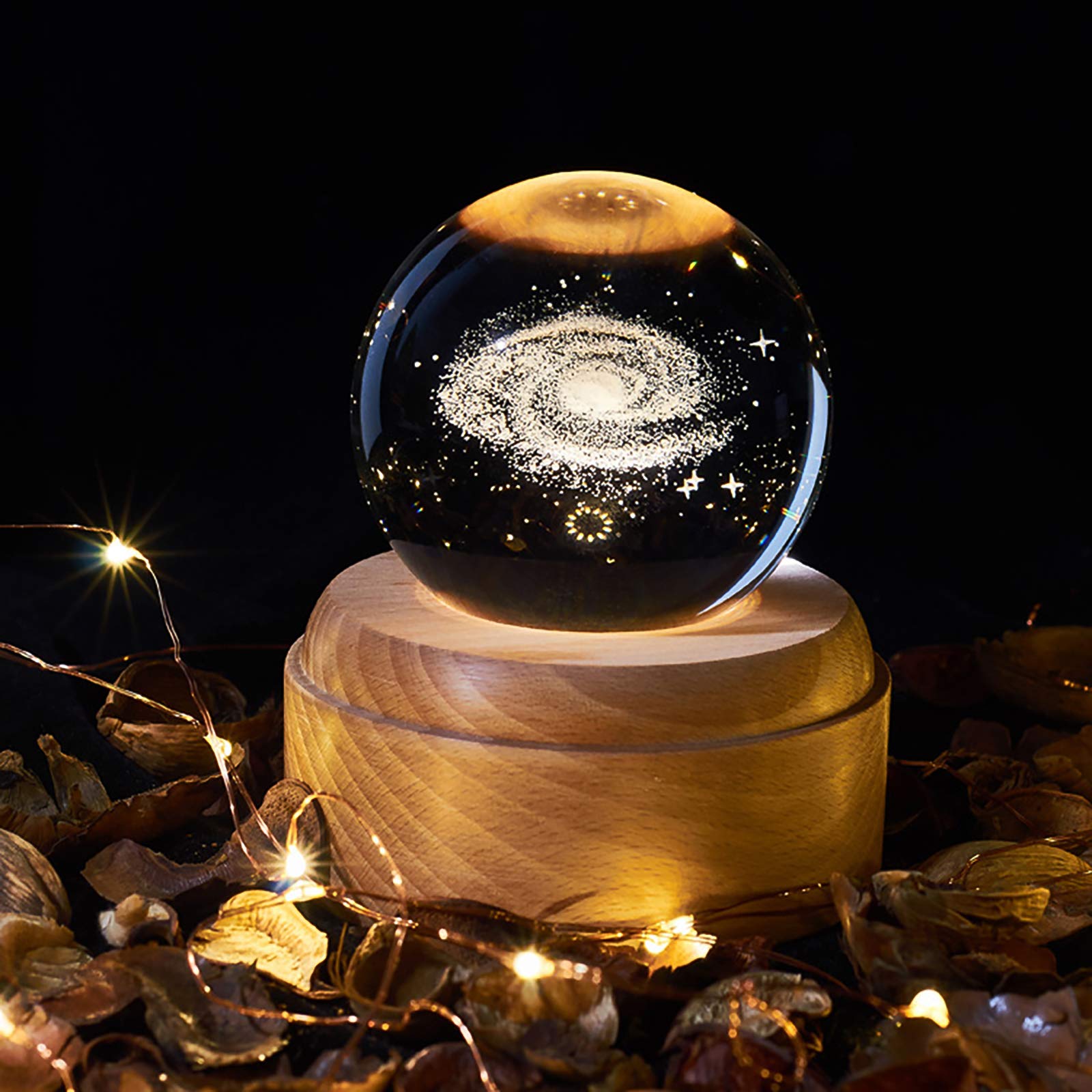 OurLeeme 3D Kristallkugel Spieluhr, Kristallkugel mit Nachtlicht Spieluhr mit LED Projektionsleuchte Holzsockel für Weihnachten Geburtstags-Erntedankgeschenk