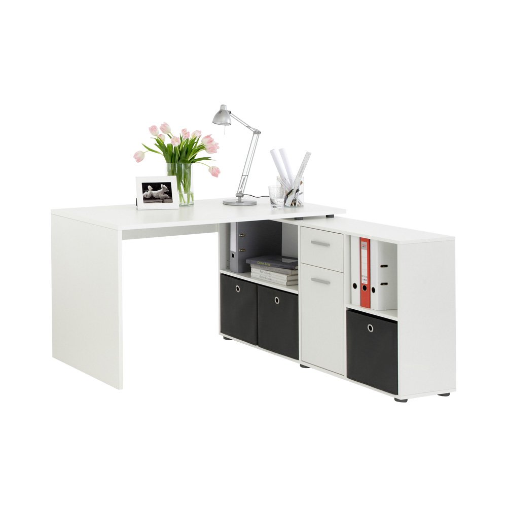 FMD Möbel, 353-001 Lexo Schreibtisch-Winkelkombination,weiß, Tisch maße 136.0 x 75.0 x 68.0 cm, Regal maße 137.0 x 71.0 x 33.0 cm (BHT)
