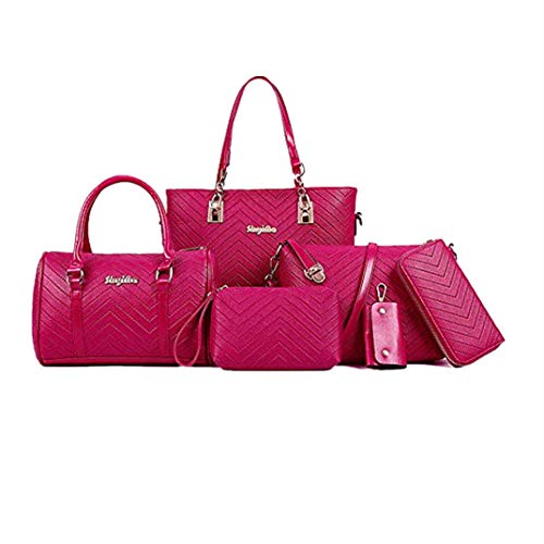 Damen Handtaschen Set 6 Stück PU-Leder Top Griff Tasche Frauen Geldbörse Umhängetasche, Rose