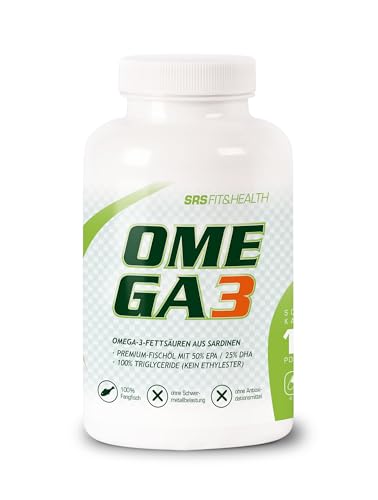 SRS Muscle - Omega 3, 120 Kapseln | aus Sardinen | 1000 mg Fischöl pro Kapsel | 50% EPA + 25% DHA | 100% Triglyceride | ohne Antioxidationsmittel | deutsche Premiumqualität