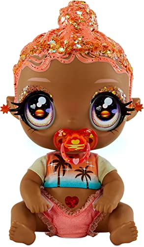 Glitter Babyz Solana Sunburst Baby Puppe - Mit 3 magischen Farbwechseln, pinken Haaren und einem tropischen Outfit - Inklusive Windel, Flasche und Schnuller - Sammelspielzeug für Kinder ab 3 Jahren
