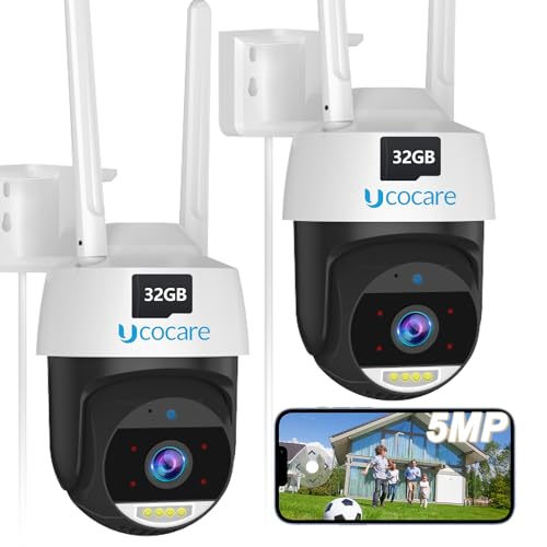 UCOCARE 5MP UHD Überwachungskamera Aussen mit 32G SD-Karte (2 Stück), 360° Kamera Überwachung Aussen, 24/7-Aufnahme, Personenerkennung, Automatische Verfolgung, Farbnachtsicht, IP67, Zwei-Wege-Audio