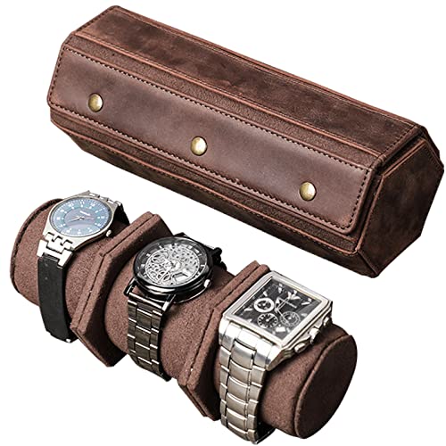 QANXGOG 3 Slots Uhrenbox, Echtleder, Vintage-Optik, Schmucksache Speicherkasten Uhrenbox Uhrenrolle Reisetasche Vintage Uhrengehäuse für Männer Und Frauen (Braun)