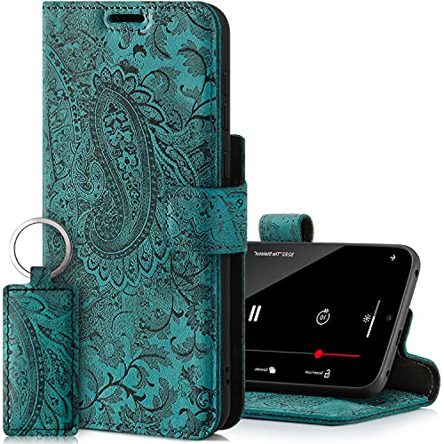 SURAZO Prestige Handyhülle für Apple iPhone 13 Mini – Premium Echtleder Hülle Schutzhülle mit [Standfunktion, Kartenfach, RFID Schutz, Blumenmuster] Klapphülle Wallet case Handmade in EU (Türkis)