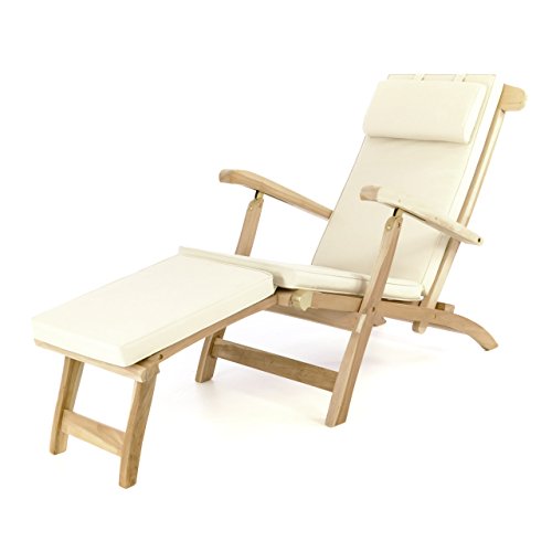 Divero eleganter Deckchair Florentine Liegestuhl Steamer Chair Teakholz unbehandelt inkl. Liegenauflage mit Kopfteil Creme wasserabweisend