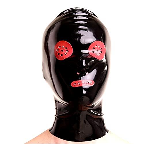 LBYLYH Bondage Latex Maske, BDSM Maske Unisex Kapuze Mit Roter Kontrastfarbe Perforiert Offen Für Mund Und Augen Mit Reißverschluss CD Dress Up Alternative Toys,Schwarz,L