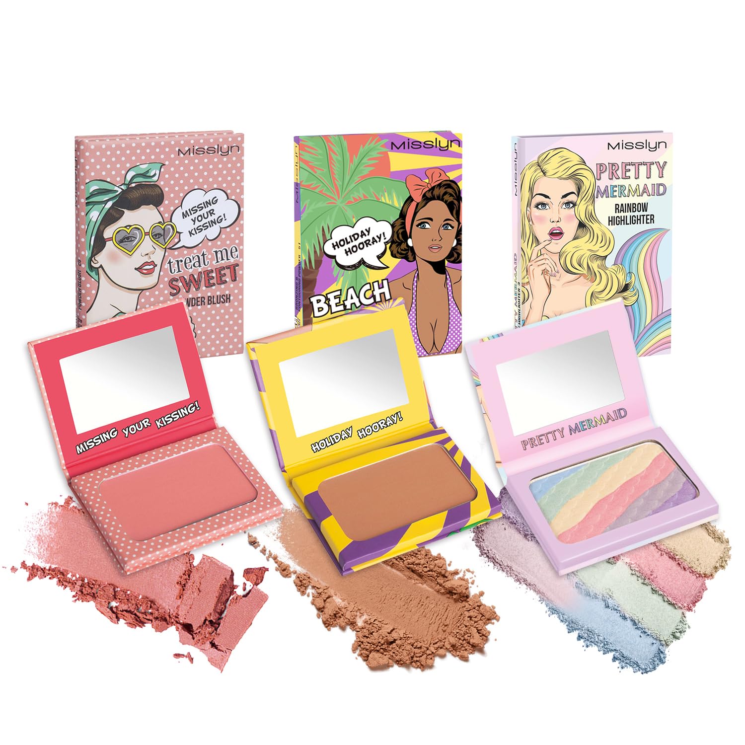 Misslyn | Blush Make-up Palette für Damen mit Spiegel, Volumengebendes und feuchtigkeitsspendendes Puder für Konturen des Gesichts - Set mit drei Paletten