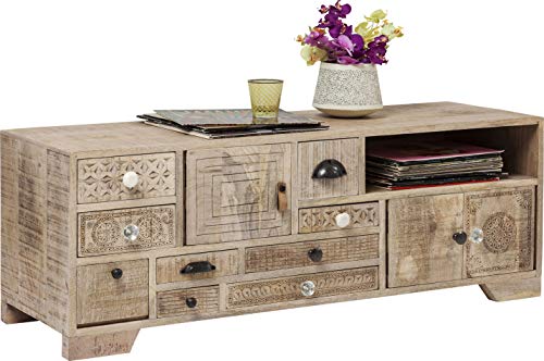 Kare Design TV - Board Puro, Breites, Tiefes Lowboard mit Handgeschnitzten Ornamenten, hellbraune Echtholz Kommode, niedriges Sideboard für Wohnzimmer, (H/b/T) 45 x 125 x 40 cm