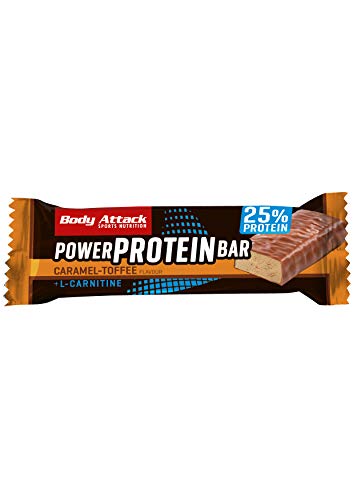 Body Attack Power Protein Bar, Eiweißriegel mit L-Carnitin & Vitaminen, 24x 35g (Caramel Toffee)