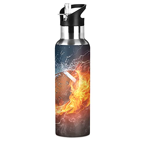 American Football Water Fire Sport-Wasserflasche mit Strohhalm, vakuumisoliert, Edelstahl, Thermo-Trinkflasche für Erwachsene, Damen, Herren, Kinder, Mädchen, Jungen, Schule, Laufen, 600 ml