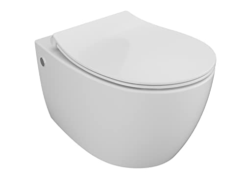 Aqua Bagno | Spülrandloses Hänge-WC mit Softclose Sitz aus Duroplast, weiße Keramik Toilette, Tiefspüler | 51 cm lang