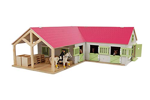 Van Manen Kids Globe Horses Pferdehof aus Holz - Maßstab 1:24, pink, mit beweglichen Türen, Fenster und Dach - 610210