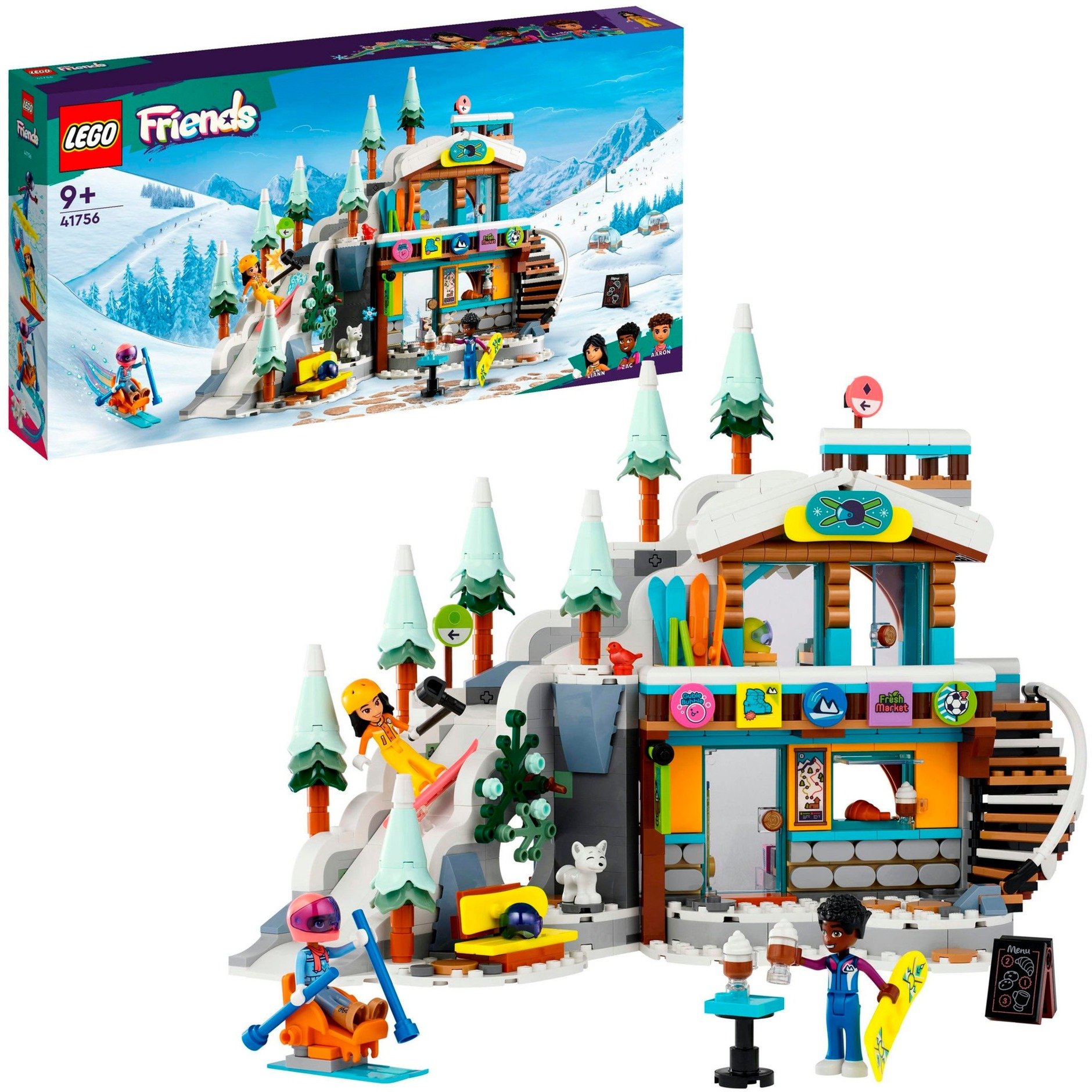 LEGO Friends 41756 Skipiste und Café, Winter-Set mit Puppen und Tierfigur