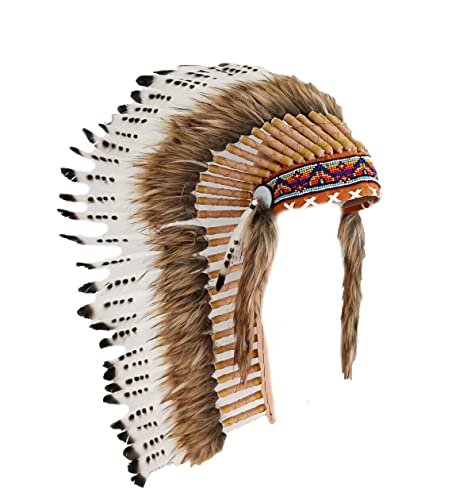 KARMABCN N85 - Native American Inspired Medium Cream Color Feather Headdress (36 inch Long)/war Bonnet