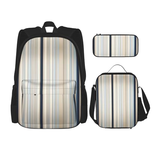 MDATT Rucksack mit Brotdose und Federmäppchen, 7,6 cm, Blau / Beige gestreift, Kawaii-Rucksäcke mit Lunchtasche, passende Kombination