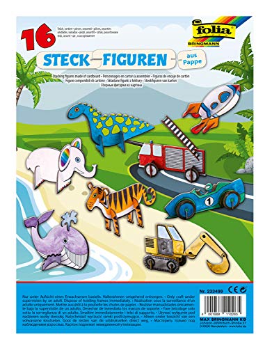 folia 233499 - Steckfiguren aus Pappe, 16 Motive sortiert, Fahrzeuge und Tiere - ideal für das Basteln und Gestalten mit Kindern