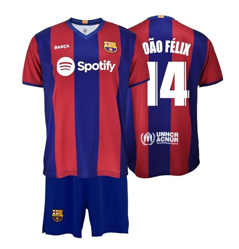 FC Barcelona Set Kinder T-Shirt und Hose 1. EQ 2023-24 Replik Lizenz - Rücken 14 Joao Felix Kindergröße 12 Jahre, Blau/Weinrot, XXL