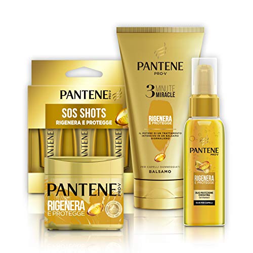 Pantene Gold-Set: Balsam 3 Minuten Miracle regeneriert & schützt (4 x 150 ml), Keratin-Schutzmaske regeneriert & schützt (4 x 300 ml), Ampullen Sos Shots (6 x 15 ml), Öl regeneriert & schützt (2 x 100