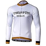CHRISSON Essential Whiteline L Weiß-Gold Fahrradtrikot Langarm für Herren, Atmungsaktive Fahrradbekleidung, Radtrikot mit Reißverschluss, Fahrrad Trikot für Männer mit 3 großen Rückentaschen