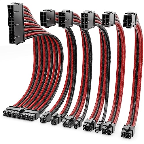 deleyCON Netzteil Kabel Set 6-Teilig 30cm - Intern Grafikkarte PC Computer Mainboard Motherboard 18 AWG ATX 24-Pin EPS 4+4-Pin PCI Express 6+2-Pin & 6-Pin Stromkabel Stecker auf Buchse Schwarz Rot