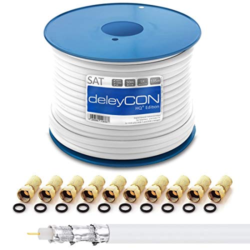 deleyCON HQ+ 50m SAT Koaxial Kabel 135dB - 5-Fach geschirmt für DVB-S - S2 DVB-T und DVB-C - 4K 1080p Full HD HDTV - inkl. 10x vergoldete F-Stecker