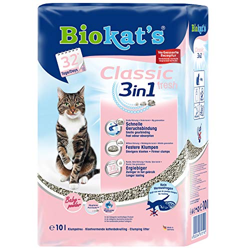 Biokat's Classic fresh 3in1 mit Babypuder-Duft - Klumpende Katzenstreu mit 3 unterschiedlichen Korngrößen - 1 PE-Sack (1 x 10 L)