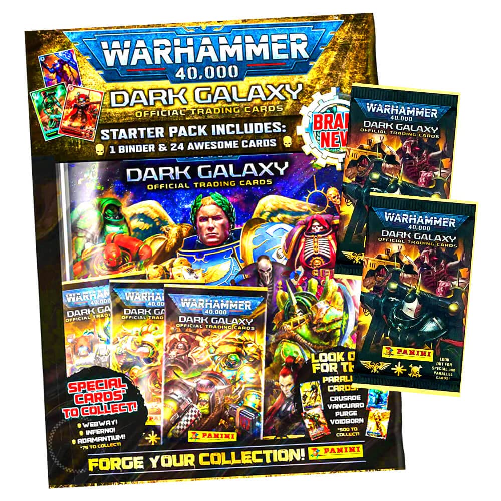 Panini Warhammer 40.000 Dark Galaxy Karten - Sammelkarten Trading Cards (2023) - 1 Starter + 2 Booster im Bundle mit 10 STRONCARD Hüllen