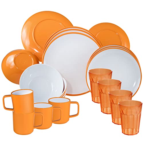 Melamin Geschirr und Acryl Glas Set für 4 Personen - 20 Teile - Campinggeschirr - gelb weiß - mit Trinkglas 450 ml - Gläsern - Anti-Slip-Tassen