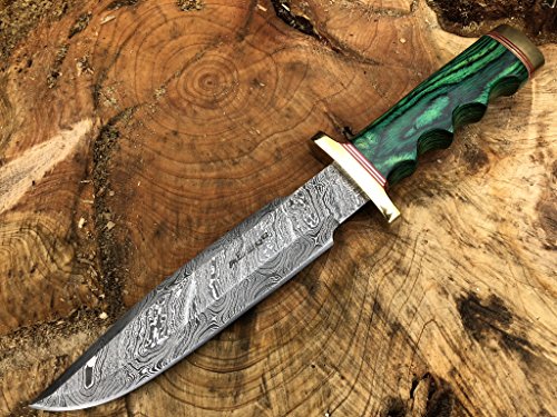 Perkin Knives Damastmesser Jagdmesser mit Scheide - Jagdmesser Bowie (Grüner Holzgriff und Messing)