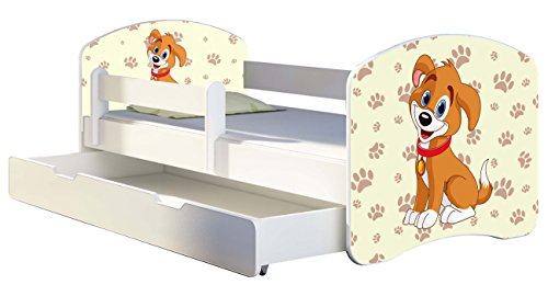 Kinderbett Jugendbett mit einer Schublade und Matratze Weiß ACMA II 140 160 180 40 Design (160x80 cm + Bettkasten, 11 Welpe)