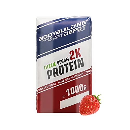 Bodybuilding Depot® - Veganes Proteinpulver 1kg, Vegan 2k, Umweltfreundlich in Papier verpackt, 100% pflanzlich, Sehr gute Löslichkeit, Natürlicher Geschmack (Erdbeere)