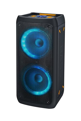 NK Bass Speaker - Tragbarer Bluetooth-Lautsprecher | Power 46W | Eingebauter 4.400 mAh Akku | USB | Karaoke | Mehrfarbige LED-Leuchten | UKW-Radio | Mikrofon | Fernbedienung | Schwarze Farbe