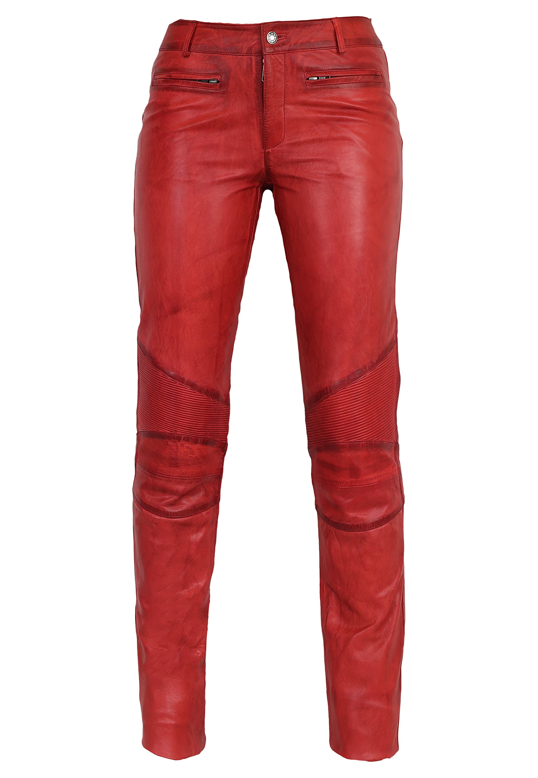 RICANO Donna - Damen Lederhose in Biker-Optik (Slim Fit/Regular Waist) - echtes (Premium) Ziegen Leder (Rot, 2XL)