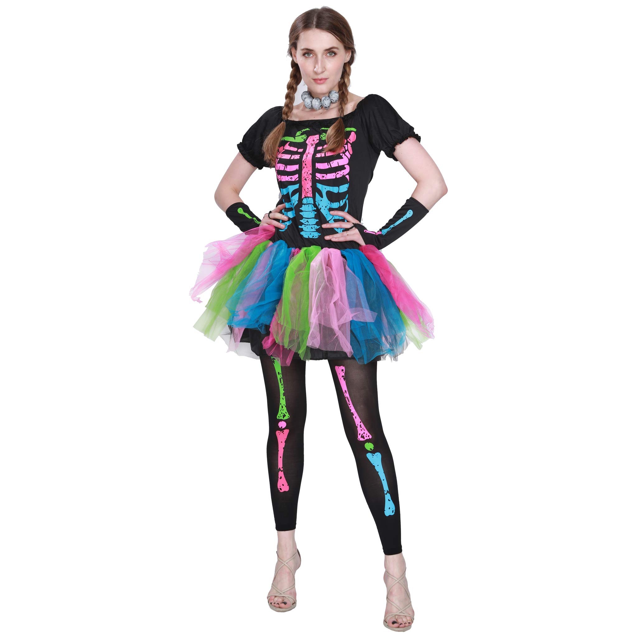 EraSpooky Neon Skelett Damen Halloween Regenbogen Kostüm Kleid Outfit
